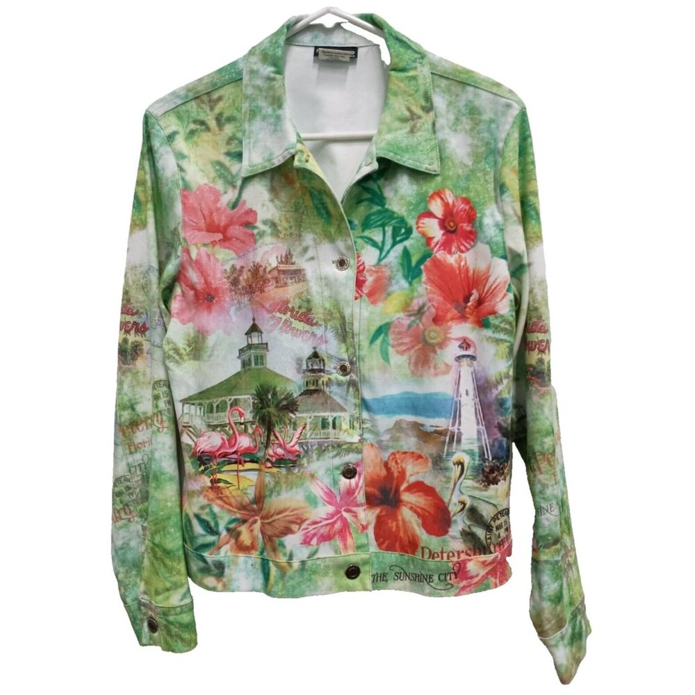 Impulse‎ California Artsy Jacket Medium Green Floral Flamenco Novelty Unique